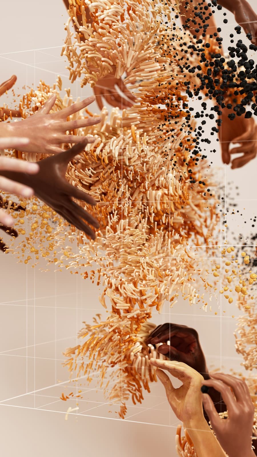 Human hands interconnected by particles